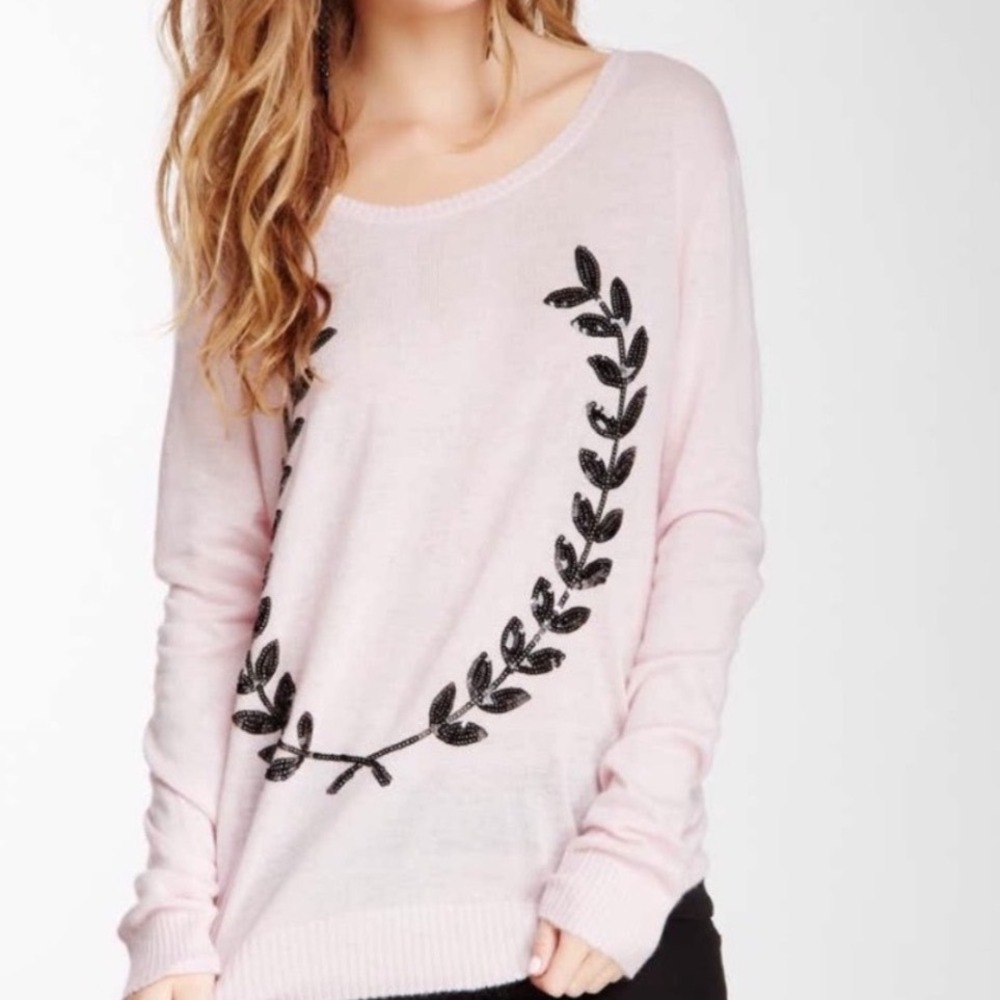 Wildfox Laurel White Label Wreath Sequin Sweater Light Pink Long Sleeve Small